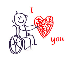 Happy man in a wheelchair holds a big red heart. Vector illustration. 
