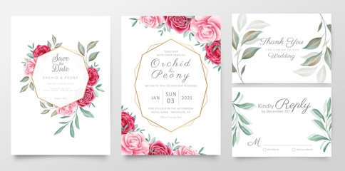 Wedding invitation cards template set. Watercolor floral Save the date, greeting, thank you, rsvp cads