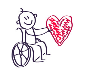 Happy man in a wheelchair holds a big heart. Vector illustration.