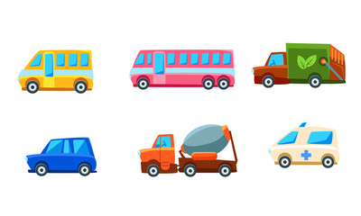 Cute City Transport Set, Different Kind of Colorful Childish Vehicles Vector Illustration