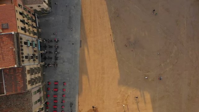 Vic Osona, in the Barcelona Province, Catalonia, Spain. Placa Major. Aerial drone Video footagecity streets. Top view. Spanish lifestyle summer evening sunrise