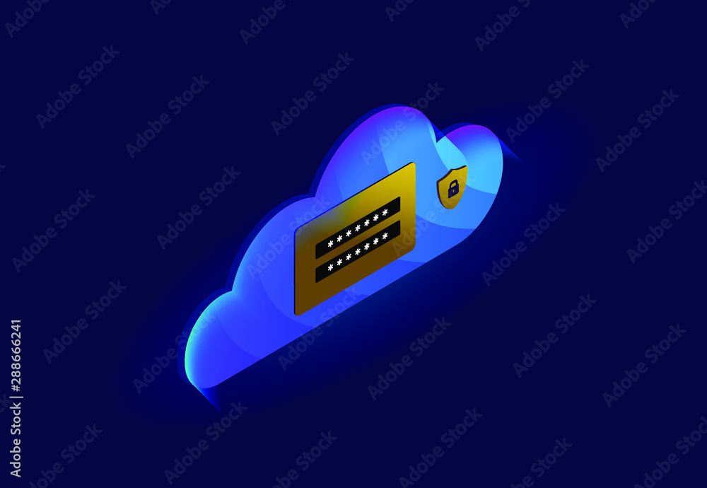 Poster isometric cloud technology and network security computing concept. vector illustration showing the b