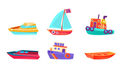 Cute Water Transport Set, Boat, Yacht, Ship, Submarine, Steamboat Vector Illustration