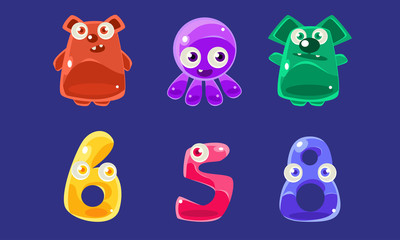 Cute Jelly Creatures and Numbers Set, Glossy Colorful Animals Vector Illustration