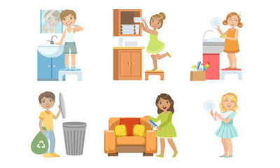 Cute Boys and Girls Doing Different Housework Chores Set, Kids Helping Their Parents with Home Cleaning Vector Illustration