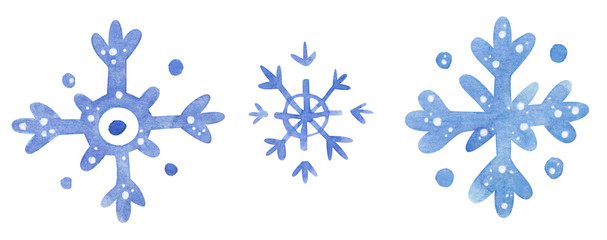 Snowflakes, hand drawn watercolor illustration isolated on white.