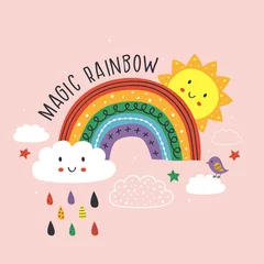  pink poster with magic rainbow, cloud, bird and sun - vector illustration, eps     © nataka