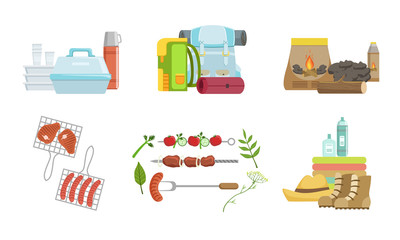 Picnic and Camping Equipment Set, Touristic Equipment and Accessories Vector Illustration