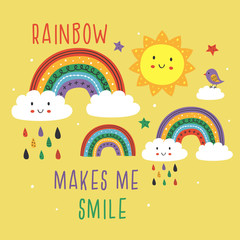 Fototapeta premium yellow poster with colorful rainbows,cloud, bird and sun - vector illustration, eps 
