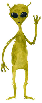 Green Alien With Deep Black Eyes, Friendly Waving, Hand Drawn Watercolor Illustration Isolated On White.