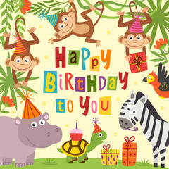birthday card with cheerful jungle animals - vector illustration, eps    