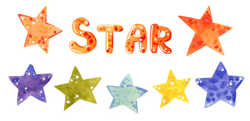 Stars of different colors set, hand drawn watercolor illustration isolated on white.