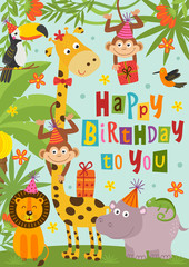 birthday card with funny jungle animals - vector illustration, eps   