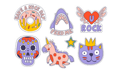 Cute Trendy Patches Set, Colorful Childish Stickers Appliques Vector Illustration