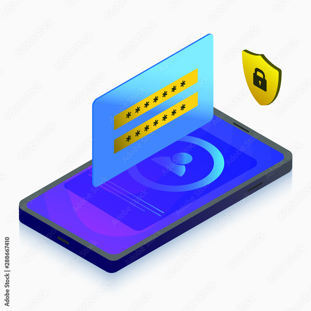 Poster mobile security protection personal data technology concept. isometric vector illustration with smar