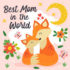 poster with cute fox mother and baby - vector illustration, eps    