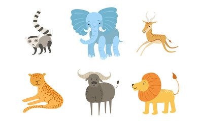Cute African Animals Set, Raccoon, Elephant, Antelope, Tiger, Lion, Mountain, Sheep Vector Illustration