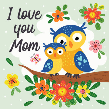poster with cute owl mother and baby - vector illustration, eps   