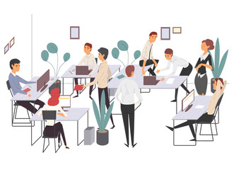 Business People haracters Working in Office, Coworking Space with Working Men and Women Vector Illustration