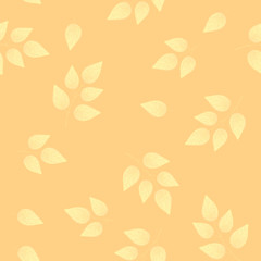 Soft and pastel eamless repeating pattern with leaves and branches on cream background. Autumn tiling background, poster, textile, greeting card design.