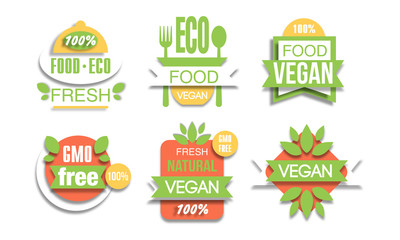 Eco Fresh Food Labels Set, Natural Vegan Food Gmo Free Vector Illustration