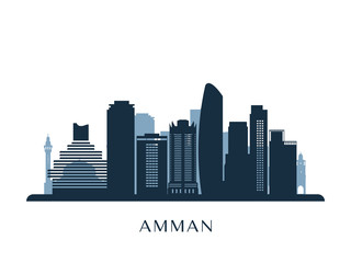 Amman skyline, monochrome silhouette. Vector illustration.