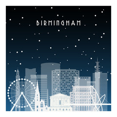 Winter night in Birmingham. Night city in flat style for banner, poster, illustration, background.