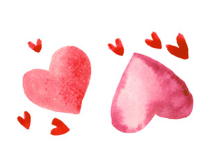 Two large hearts painted with watercolor and a set of small red hearts. Isolated objects perfect for Valentine's day card or romantic post cards
