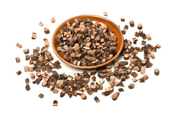 Cinnamon twig chinese herbal medicine on a white background pestle over white background. Gui zhi.