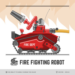 Fire fighting robot flat illustration with mobile autonomous tracked vehicle thermite firefighter with water or foam hose  mockup (The ability to easily change the color) and glyph icon. - obrazy, fototapety, plakaty