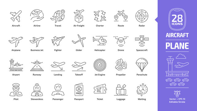 Aircraft outline icon set with flight plane editable stroke symbol: airline, travel, air freight, charter, route, radar, airplane, business jet, military fighter, glider, helicopter, drone, spacecraft