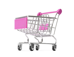 Small pink toy shopping cart, isolated on white background. File contains a path to isolation