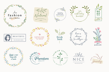 Set of elegant badges and stickers for beauty, natural and organic products, cosmetics, spa and wellness, fashion, jewelry, wedding. Vector illustrations for graphic and web design, marketing material