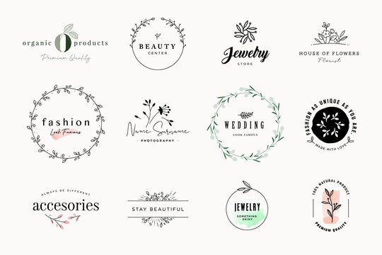 Set of elegant signs and badges for beauty, natural and organic products, cosmetics, spa and wellness, fashion, wedding and jewelry. Vector illustrations for graphic and web design, marketing material