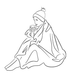 Young woman wrapped in blanket with cup of coffee. Lagom and hugge concept. Cozy scandinavian lifestyle scene. Female silhouette in warm socks and hat. Black lines drawing. Hand drawn style.
