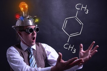 Nerd presenting handdrawn chemical formula of formic Xylene