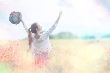 happy girl in autumn field with spikelets landscape / adult young girl portrait, summer look, nature