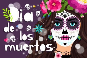 Dia de los muertos. Day of the dead in spanish, traditional mexicans festival color poster with girl skull vector illustration