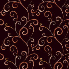 Abstract ornament with curls. Hand drawn watercolor seamless pattern on brown background