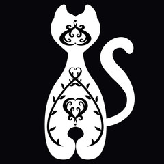 white silhouette of a cat with a pattern on a black background