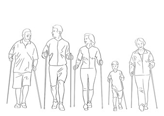 Nordic or scandinavian walking. Safe fitness for family and old people. Female, male and child silhouettes with sticks. Black isolated contour of parents, grandparents and kid. Hand drawn style.