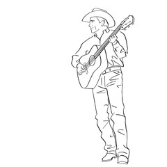 Country musician plays guitar. Male silhouette in cowboy hat and in jeans. Black isolated contour. Hand drawn style. Vector outline. Graphic element.