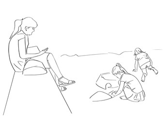 Two kids play with sand on the playground under mom's supervision. Mother reads a book on the bench. Black isolated contour. Hand drawn style. Vector outline. Graphic element.