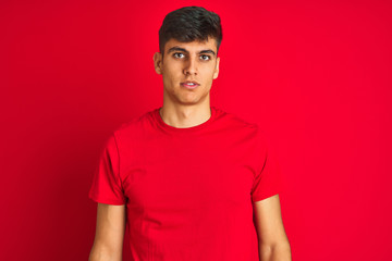 Young indian man wearing t-shirt standing over isolated red background with serious expression on face. Simple and natural looking at the camera.