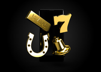 Slot Machine Gold Online Casino Mobile Smartphone Game Icons and Symbols 3D Render