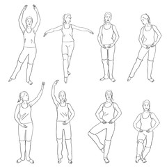 Set of body ballet poses. Female silhouette in leggings. Contemporary and popular fitness. Hand drawn outlines. Black lines drawing. Vector isolated contour.