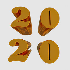 Extruded numbers 2020 in Gold on a White background. A 3D rendering for the New Year.