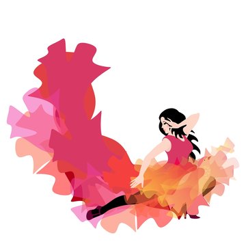 Young caucasian girl in long dress with hem in shape of flying bird and flame , dancing flamenco, salsa, bachata or tango, isolated on white background. Beautiful design element for concert poster.