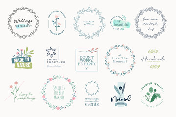 Set of elegant signs and badges for beauty, natural and organic products, cosmetics, spa and wellness, fashion, jewelry, wedding. Vector illustrations for graphic and web design, marketing material.