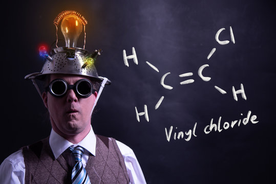 Nerd presenting handdrawn chemical formula of vinyl chloride